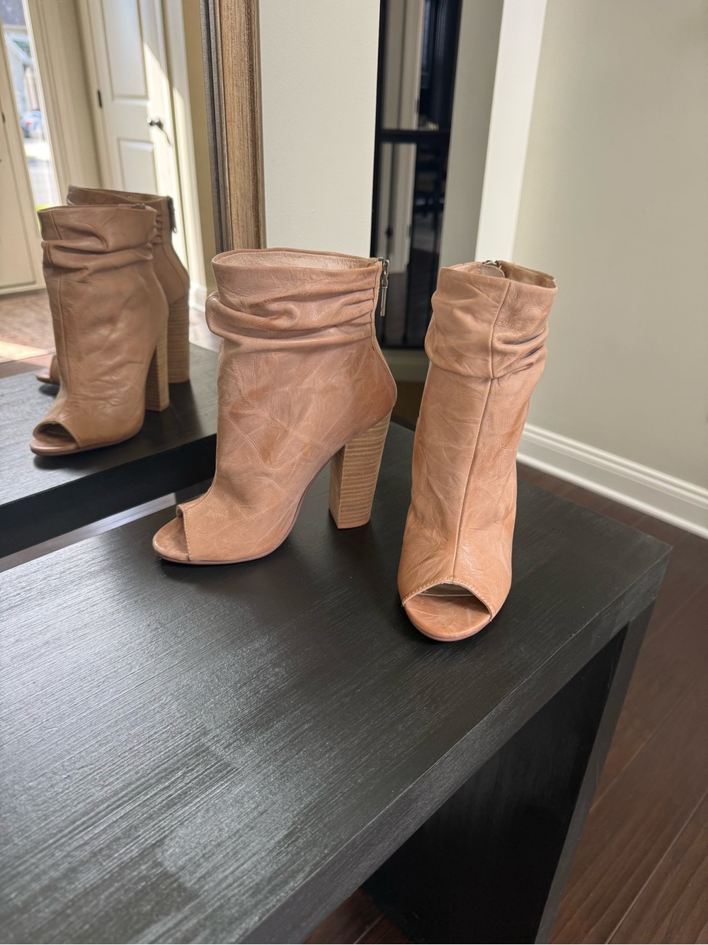 Chinese Laundry Tan Peep-Toe Slouch Heel Boots